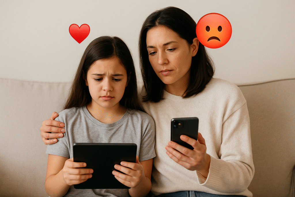 ChatGPT Image 4 de jun. de 2025, 10_34_39 Mãe e filha sentadas em um sofá usando dispositivos digitais, com emojis representando emoções acima de suas cabeças.