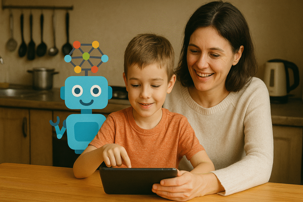 ChatGPT Image 4 de jun. de 2025, 10_47_20 Mãe e filho interagindo com tablet em uma cozinha simples, com ilustração de robô ao lado representando uso educativo da inteligência artificial.