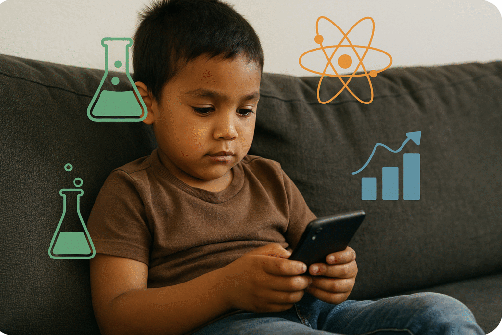 ChatGPT Image 4 de jun. de 2025, 10_58_12 Menino pequeno sentado em um sofá simples, usando celular com ícones científicos ilustrados ao redor representando aprendizado.