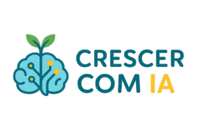 Logotipo horizontal do projeto Crescer com IA com um cérebro azul, planta verde brotando no topo e o nome ao lado em tipografia moderna